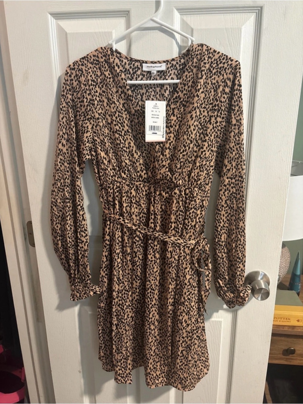 Motherhood Maternity Beige and Black Leopard Print Long Sleeve Wrap Dress
